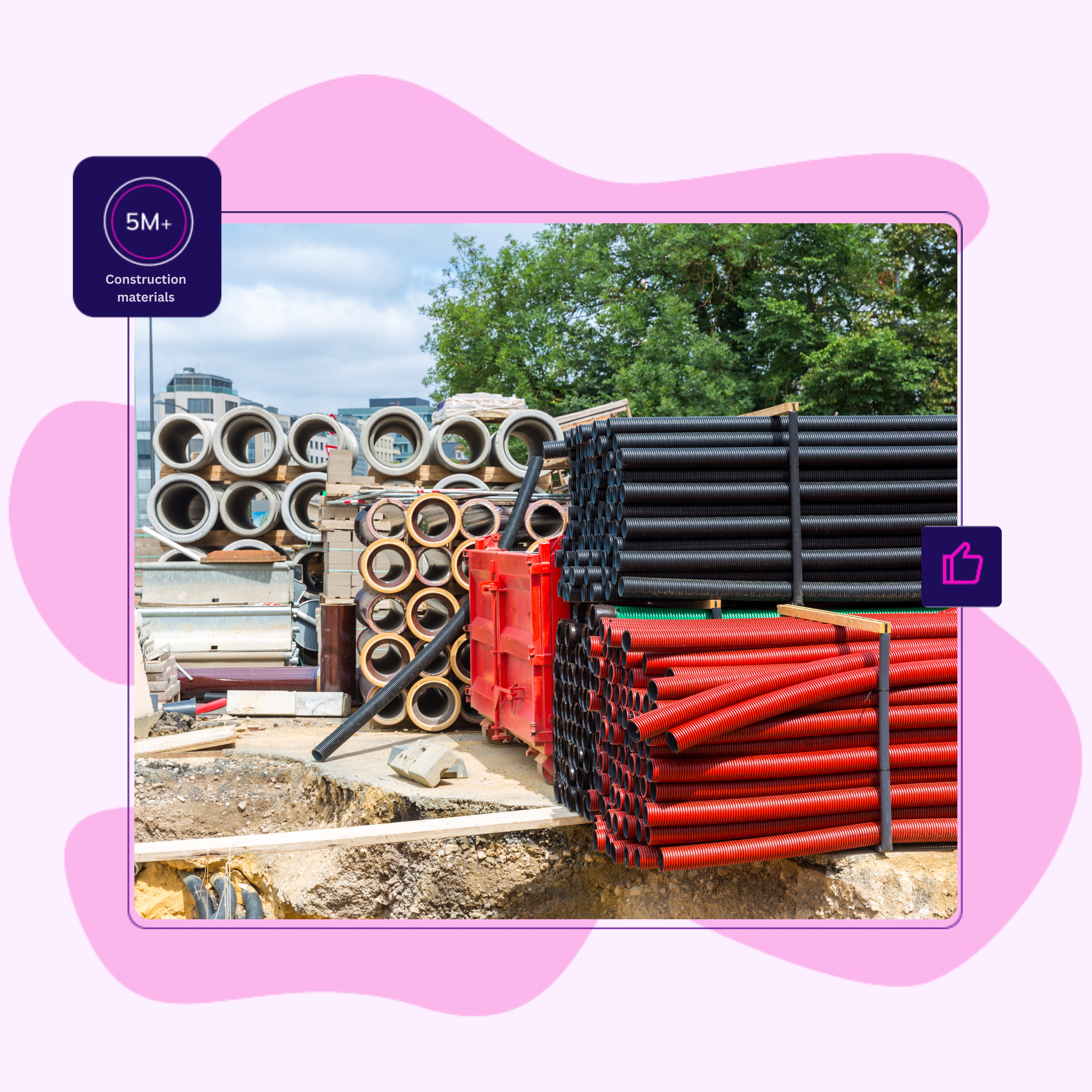 Stacked construction materials including steel, cement, and bricks at a site