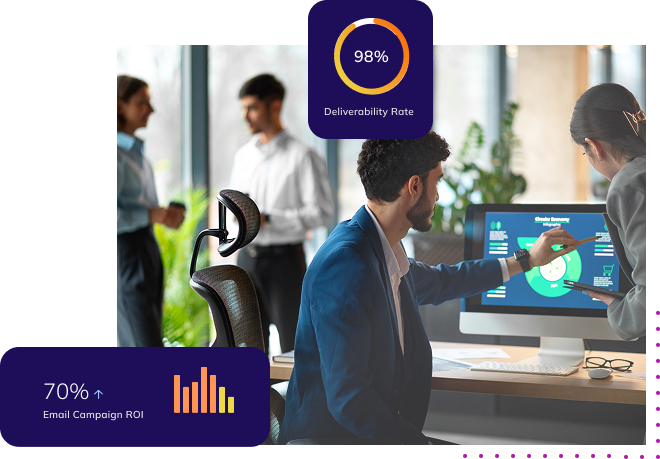 Modern office environment with professionals engaged in data strategy planning
